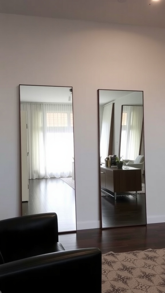 Two tall mirrors reflecting light and creating an illusion of spaciousness in a modern home.