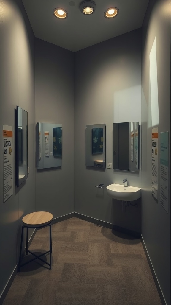 A small room with multiple mirrors reflecting light and creating a spacious feel.