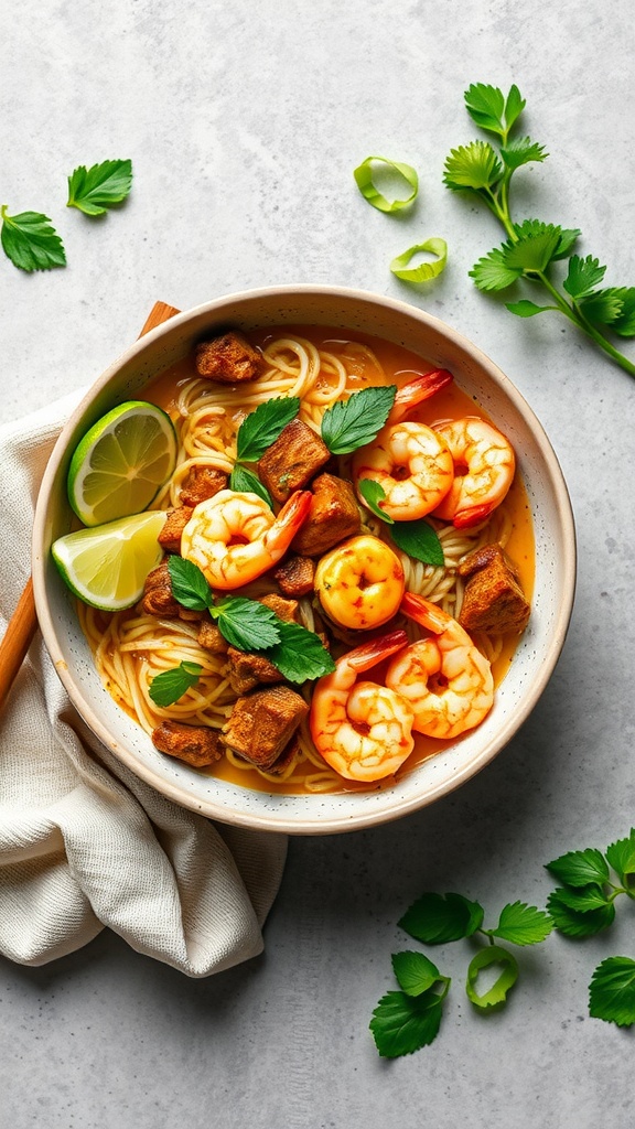 A bowl of coconut curry beef and shrimp noodles with lime and fresh herbs.