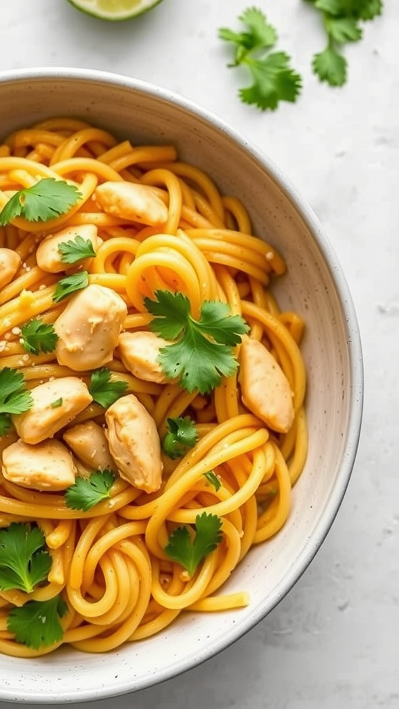 Bowl of coconut curry chicken pasta with cilantro