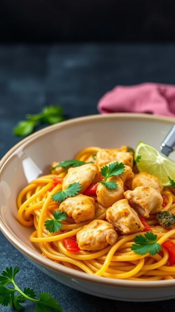 A bowl of Coconut Curry Chicken Pasta garnished with cilantro and lime