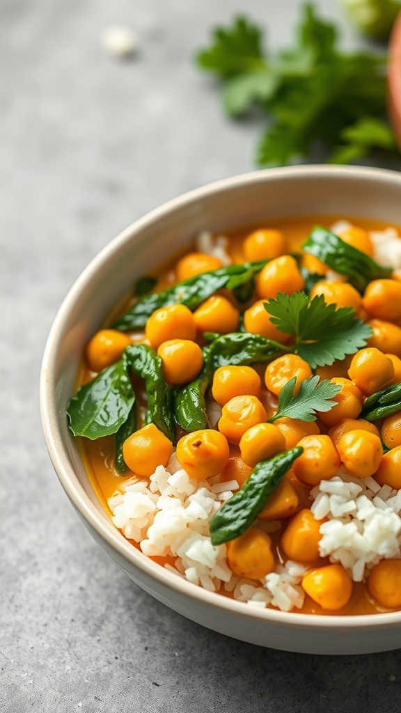 A bowl of coconut curry chickpeas with rice and greens.