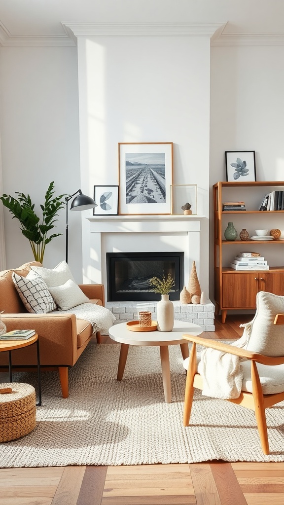 A cozy Scandinavian living room with neutral tones and simple accessories.