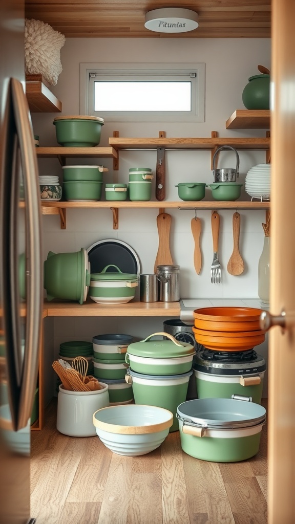 Collapsible kitchenware neatly stored in a compact kitchen.