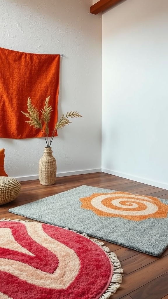 A cozy room featuring a deep-pile rug with a spiral design and a flat woven rug with wavy patterns.