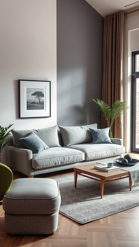 A modern living room featuring a light grey modular sofa with decorative pillows, a wooden coffee table, and soft lighting.