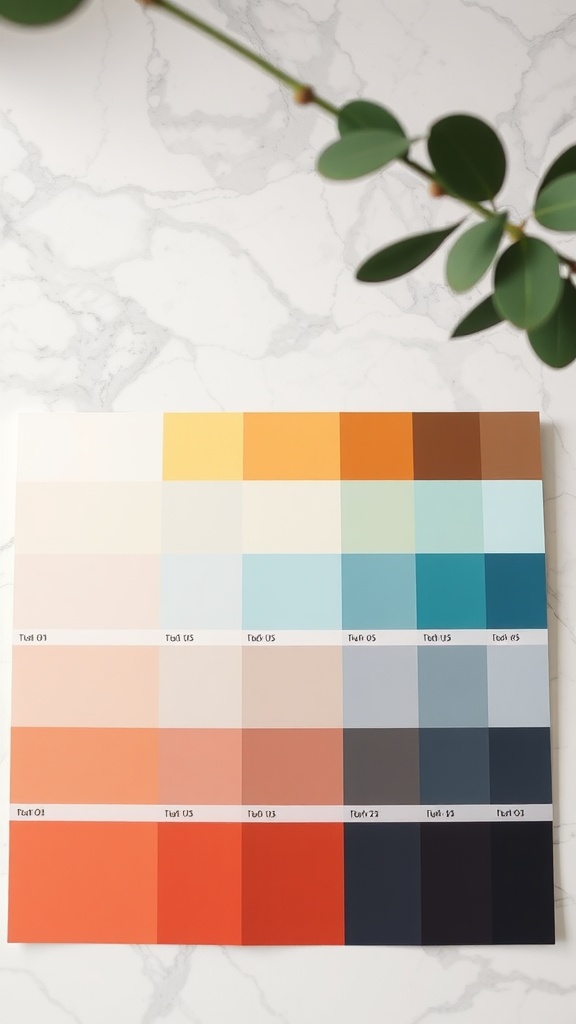 Color palette swatches on a marble surface.