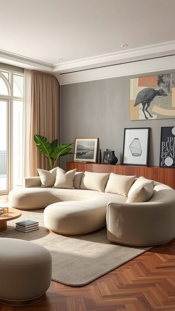A clean-lined modular sofa featuring both round and angular shapes in a cozy living room.