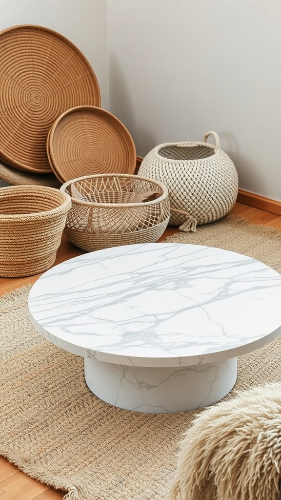 A clean-lined marble coffee table surrounded by woven baskets and a soft rug.