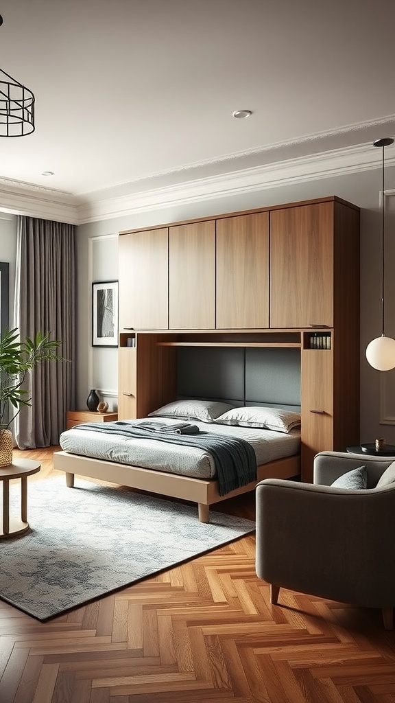A stylish Murphy bed folded down in a modern living space, showcasing a neat and functional design.