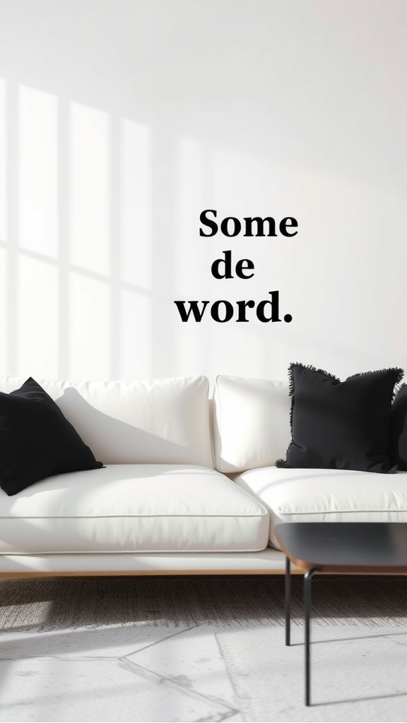 Living room featuring a white sofa with black throw pillows.