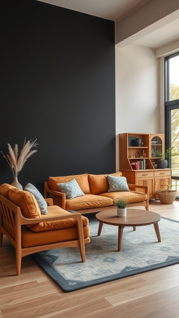 Living room featuring a matte black accent wall, warm wood furniture, and neutral decor.