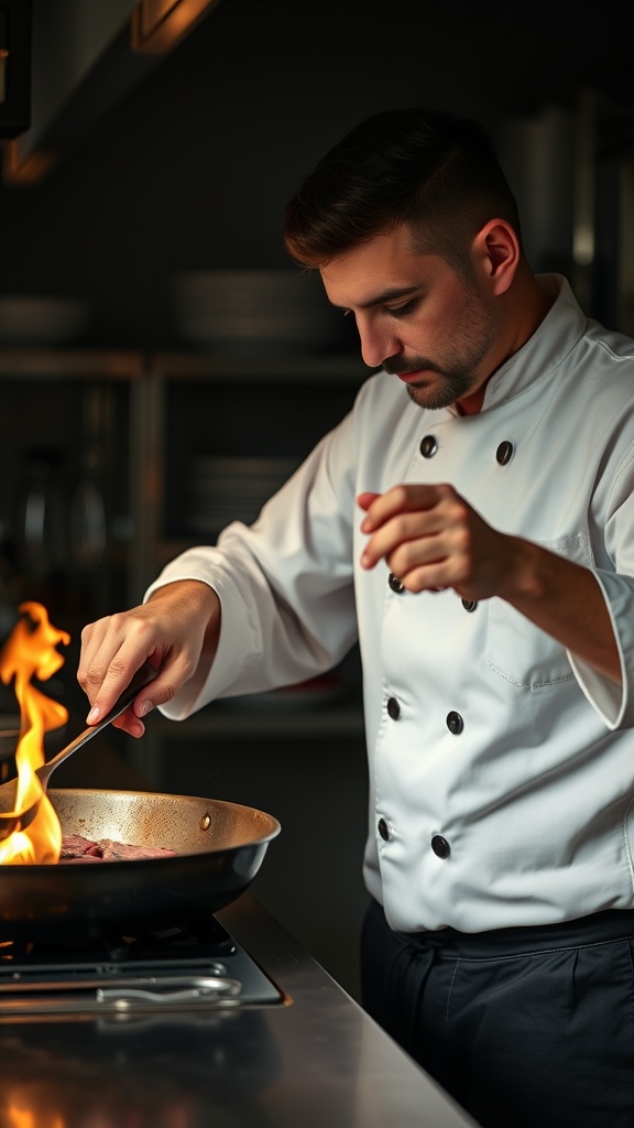 A chef cooking steak in a skillet with flames.
