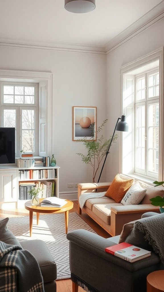 A cozy Scandinavian living room with natural light, soft furniture, and a warm atmosphere.