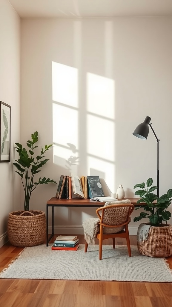 A cozy reading nook with a chair, table, and plants, featuring natural light.
