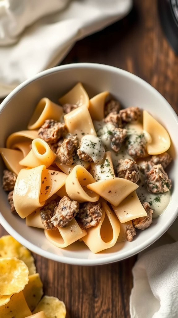 A bowl of creamy beef bowtie pasta with a rich Alfredo sauce, garnished with herbs.