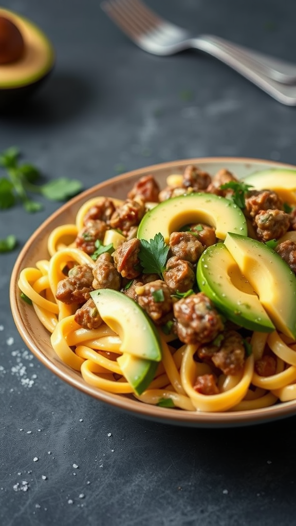 A plate of creamy avocado beef bowtie pasta topped with slices of avocado and herbs.