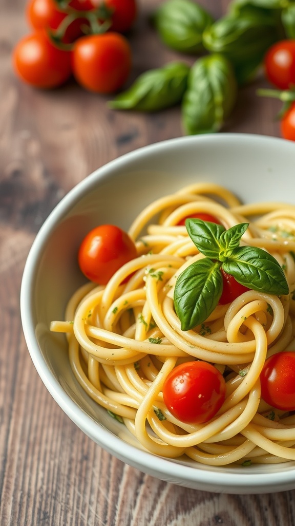A bowl of creamy avocado pasta topped with cherry tomatoes and fresh basil.