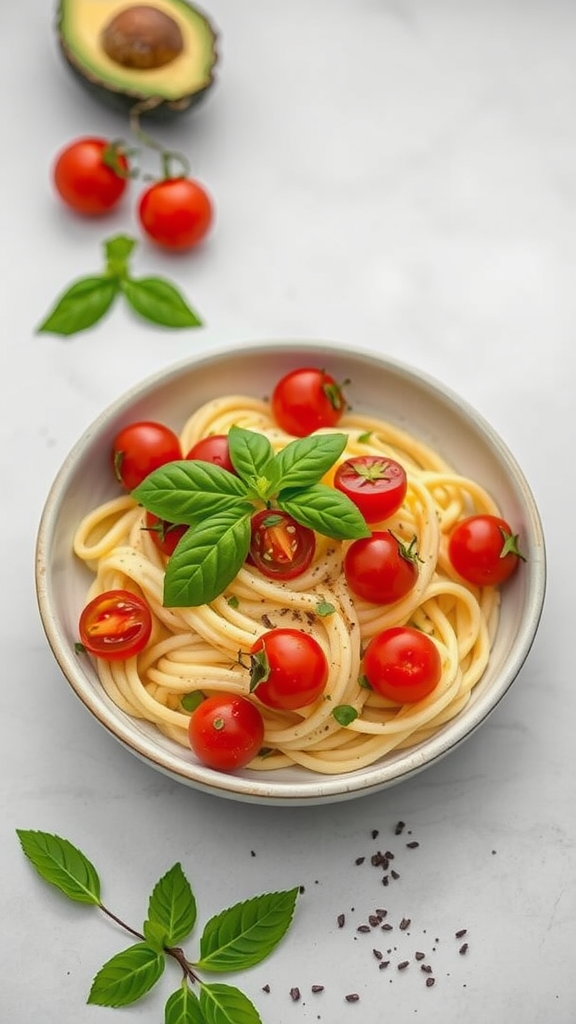 A bowl of creamy avocado pasta topped with cherry tomatoes and basil leaves, with an avocado in the background.