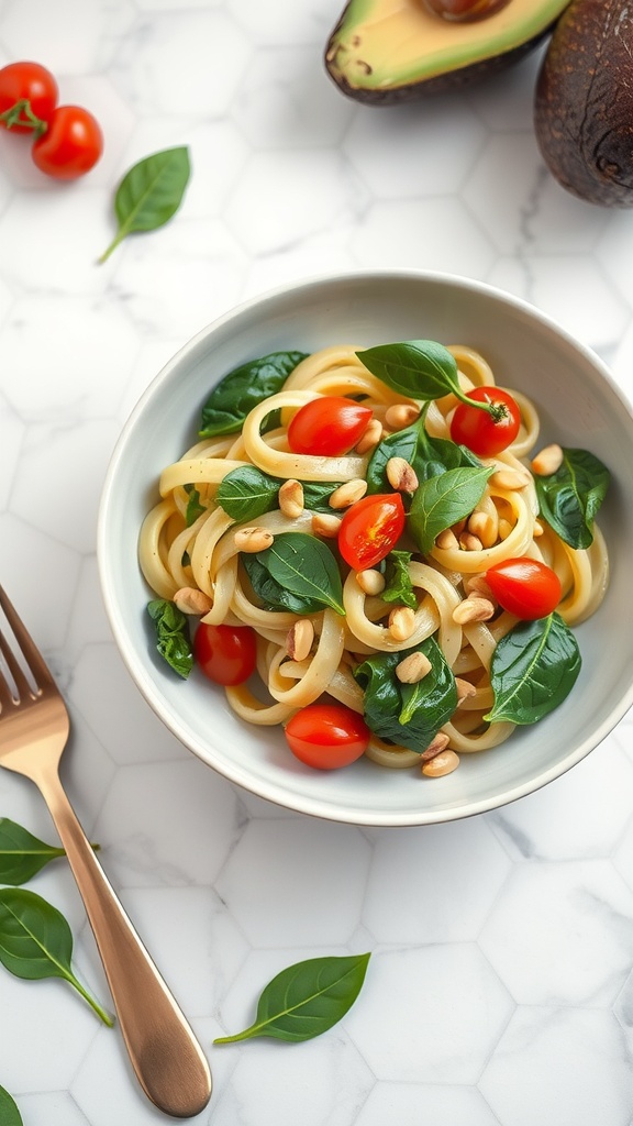 A bowl of creamy avocado pasta with spinach, cherry tomatoes, and pine nuts, with a fork beside it.