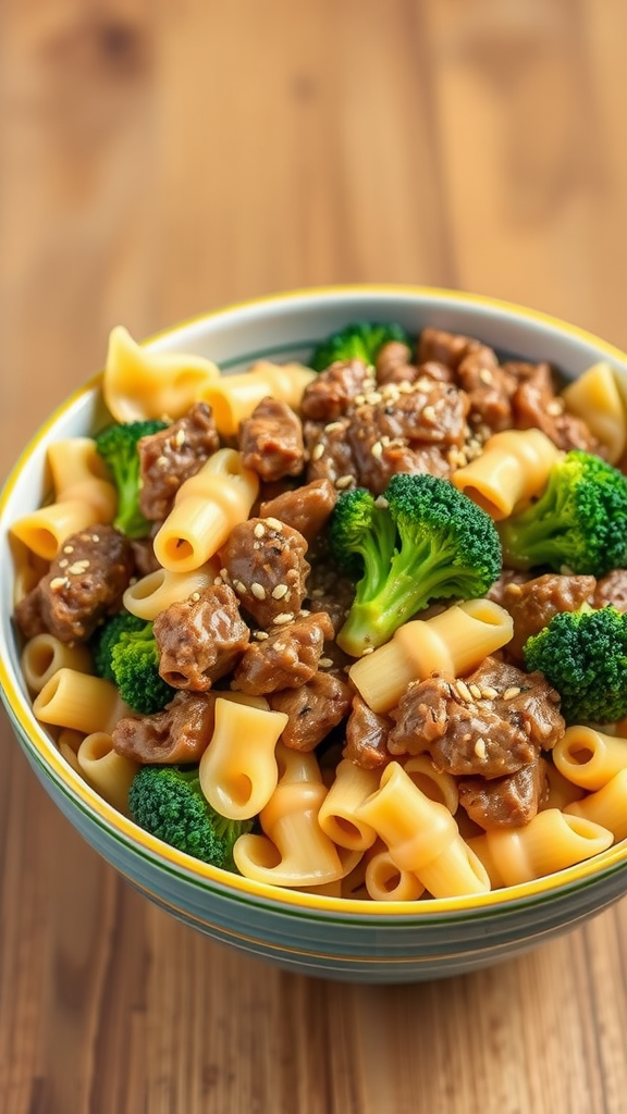 A bowl of creamy beef and broccoli bowtie stir-fry with pasta and broccoli.