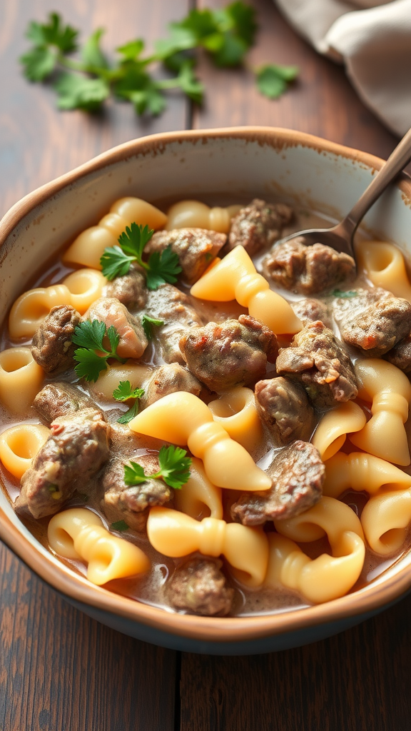 A bowl of creamy beef stroganoff with bowtie pasta topped with parsley