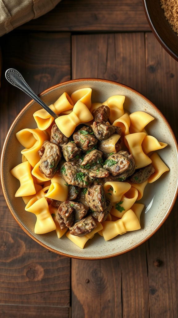 A bowl of creamy beef stroganoff served over bowtie pasta with a spoon.