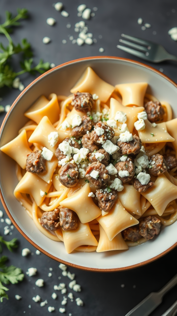 A delicious bowl of creamy blue cheese beef bowtie pasta topped with crumbled cheese and herbs.