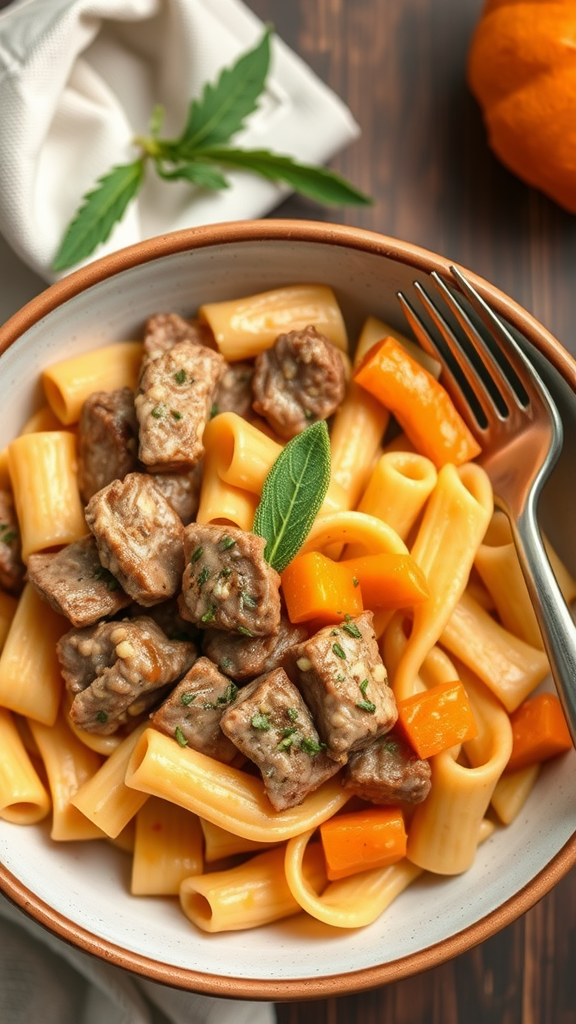 A bowl of creamy beef and bowtie pasta with butternut squash and green herbs.