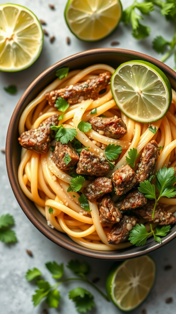 A bowl of creamy beef and bowtie pasta topped with cilantro and lime slices.