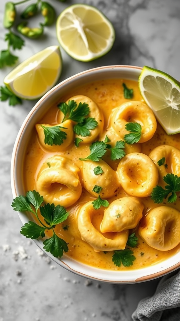 A bowl of creamy coconut curry tortellini garnished with cilantro and lime slices.