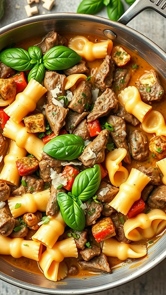 A delicious creamy garlic beef and bowtie pasta dish in a skillet, garnished with fresh basil.