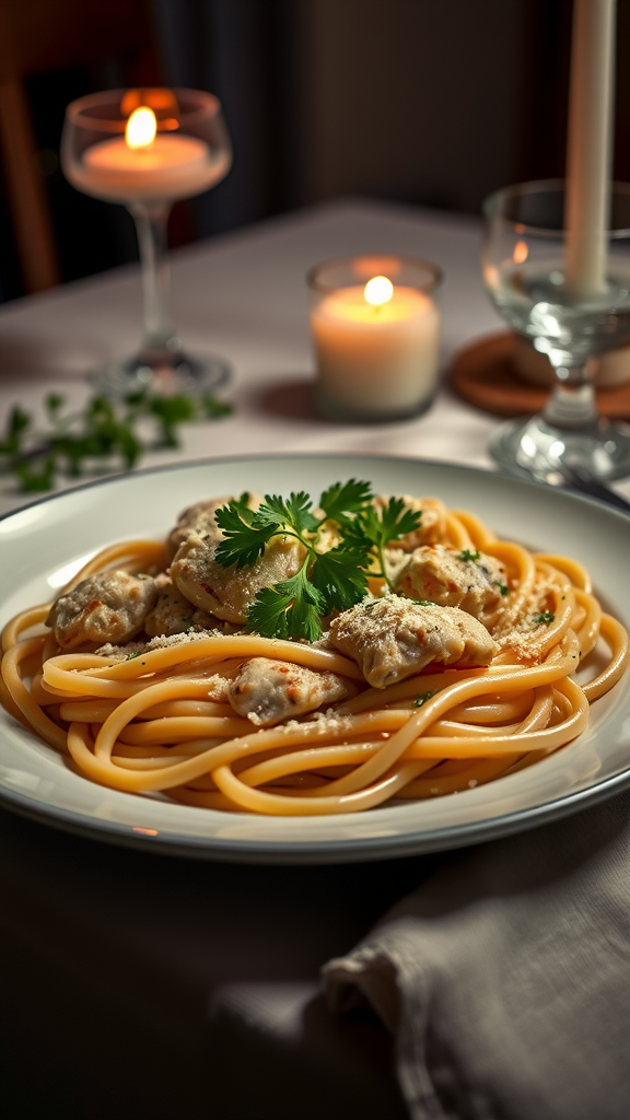 A plate of creamy garlic parmesan chicken pasta garnished with parsley, surrounded by candles and a romantic setting.
