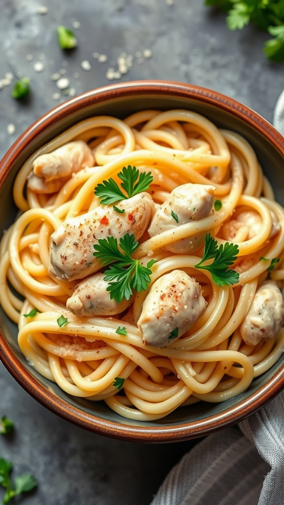 Bowl of creamy garlic parmesan chicken pasta topped with parsley