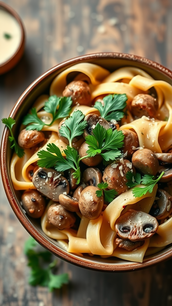 A bowl of creamy mushroom and beef bowtie pasta garnished with fresh parsley.