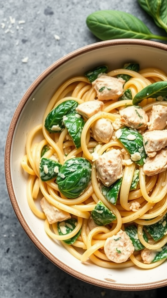 A bowl of creamy spinach and artichoke chicken pasta with spinach leaves on the side.