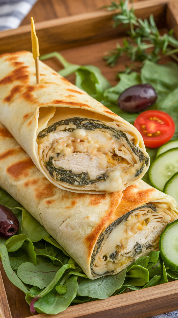 Creamy spinach and artichoke chicken wrap on a wooden tray with salad garnish.