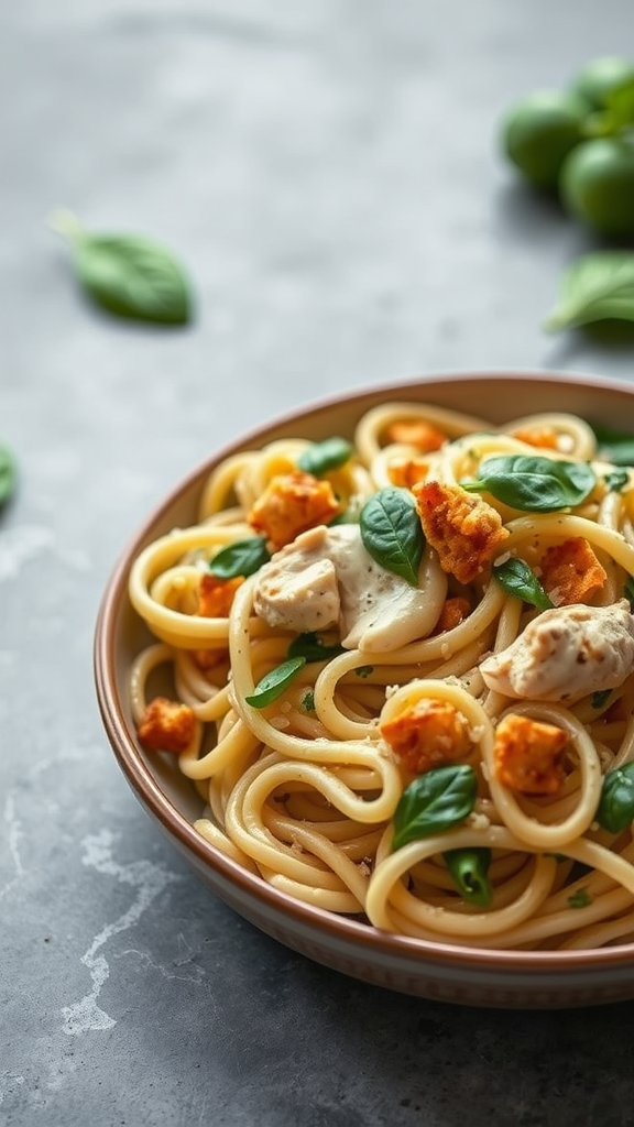 A bowl of creamy spinach and artichoke pasta with chicken and basil.