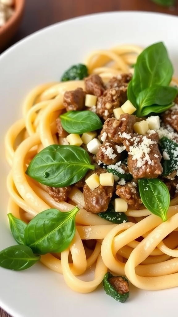 A bowl of creamy spinach and beef bowtie pasta topped with fresh basil