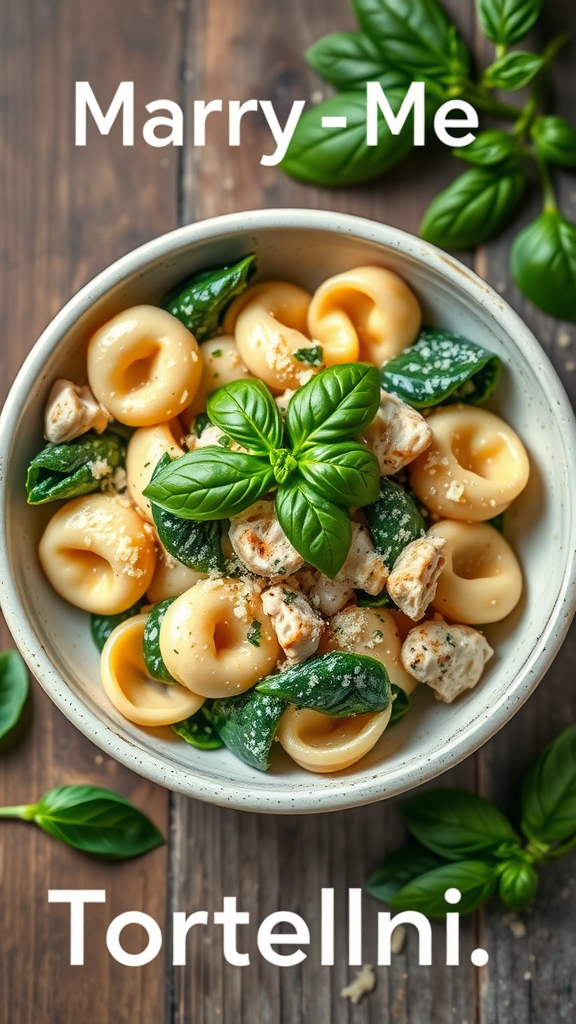 A bowl of creamy spinach and chicken tortellini garnished with basil.