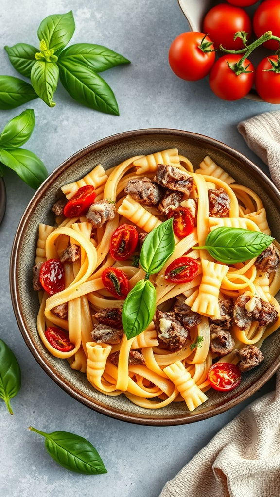 A bowl of creamy beef and bowtie pasta garnished with sun-dried tomatoes and basil leaves.