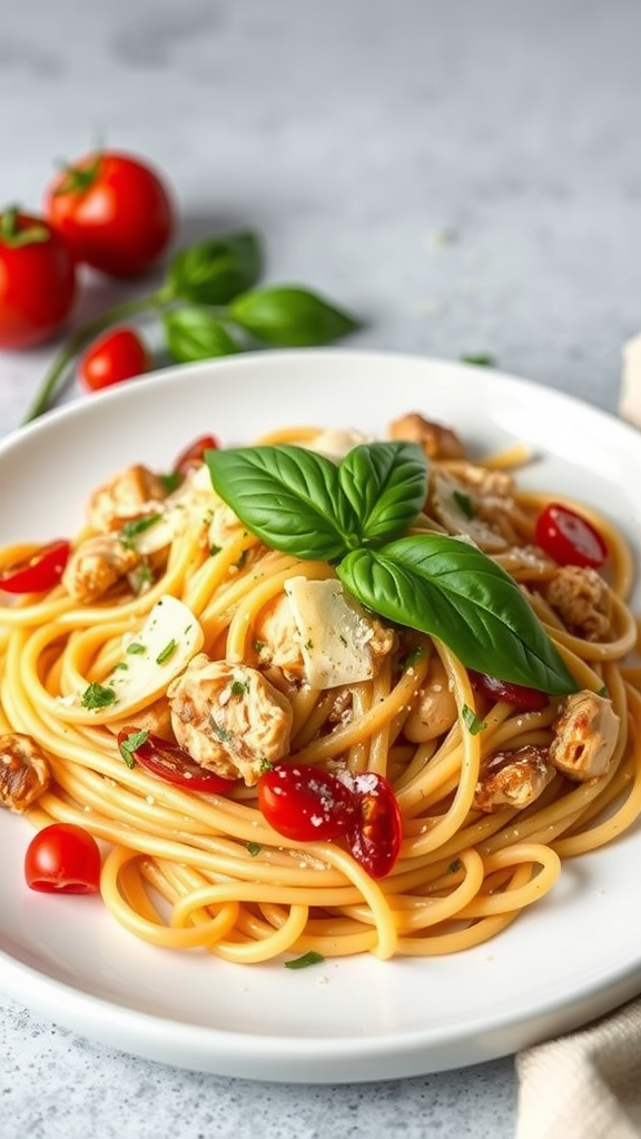 A plate of creamy sun-dried tomato chicken pasta garnished with fresh basil and cherry tomatoes.