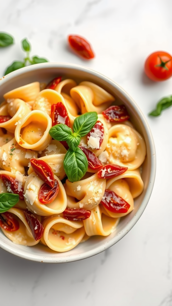 A bowl of creamy tortellini with sun-dried tomatoes and fresh basil