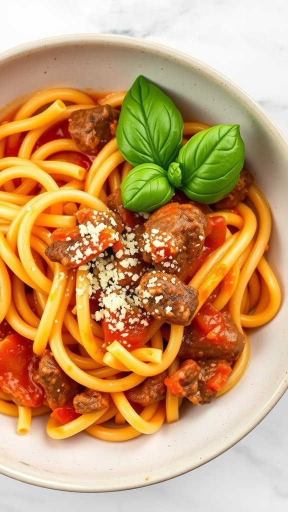 A bowl of creamy tomato basil beef bowtie pasta topped with fresh basil leaves and Parmesan cheese.