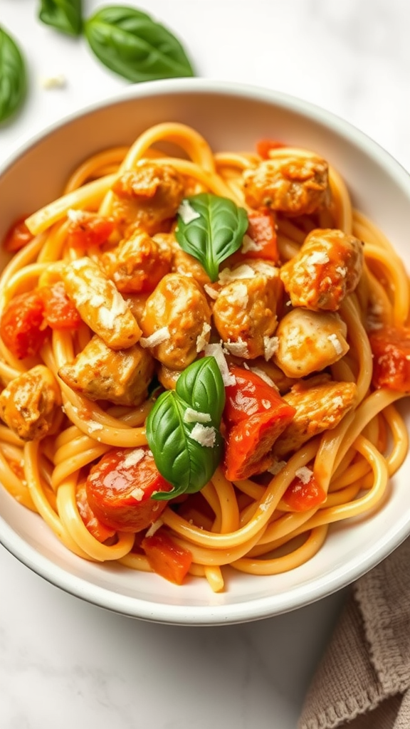 Creamy Tomato Basil Chicken Pasta in a white bowl with basil leaves on top.