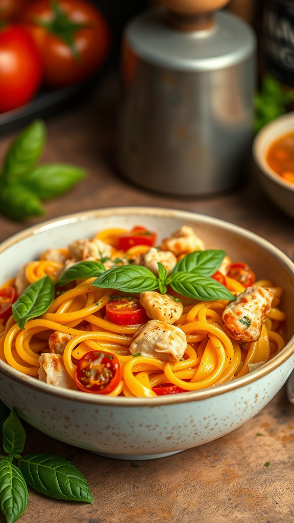 A bowl of creamy tomato basil chicken pasta topped with fresh basil leaves and cherry tomatoes.