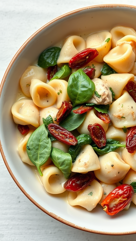 A bowl of creamy chicken tortellini with spinach and sun-dried tomatoes.