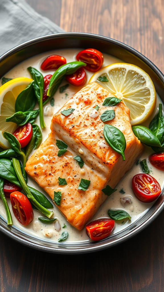 A delicious plate of creamy Tuscan garlic salmon with spinach, tomatoes, and lemon slices.