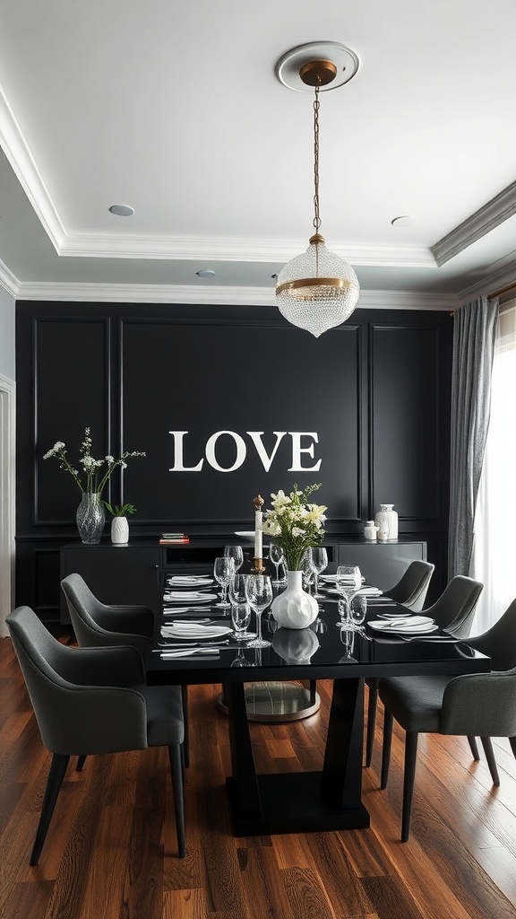 A chic dining area with a matte black accent wall and modern furniture.