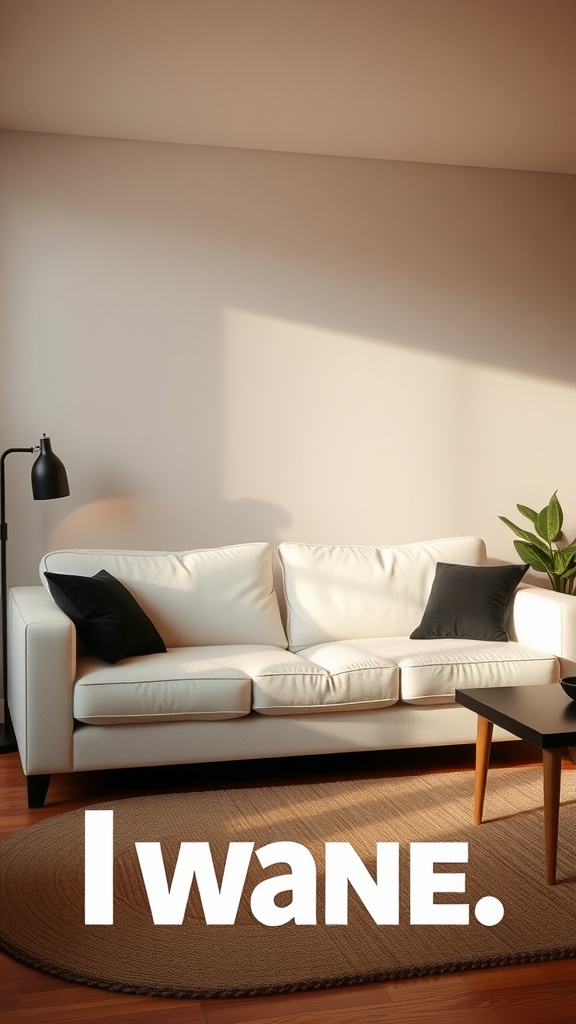 Cozy living room featuring a white sofa with black throw pillows and a natural rug.